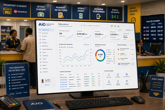 AiO sur l'écran d'un guichet, en agence de transfert d'argent